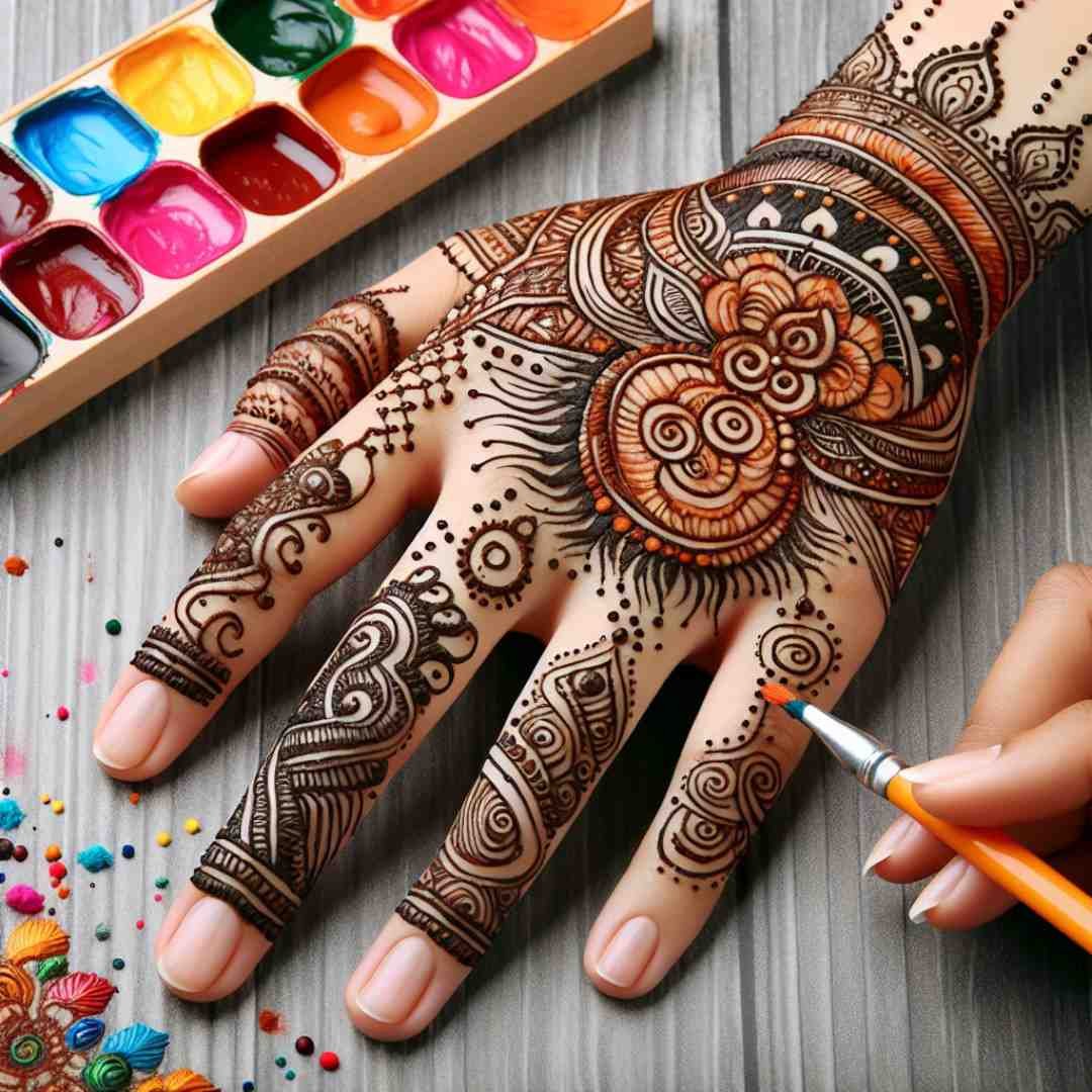 Colorful mehndi design on hand with artistic tools in background