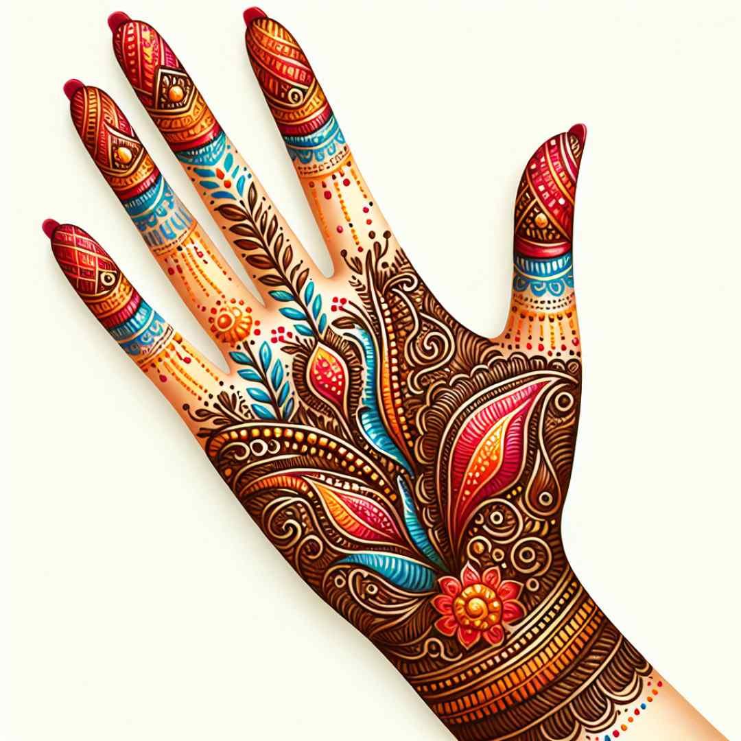 Artistic mehndi design with vibrant floral and leaf patterns in bright colors on a hand
