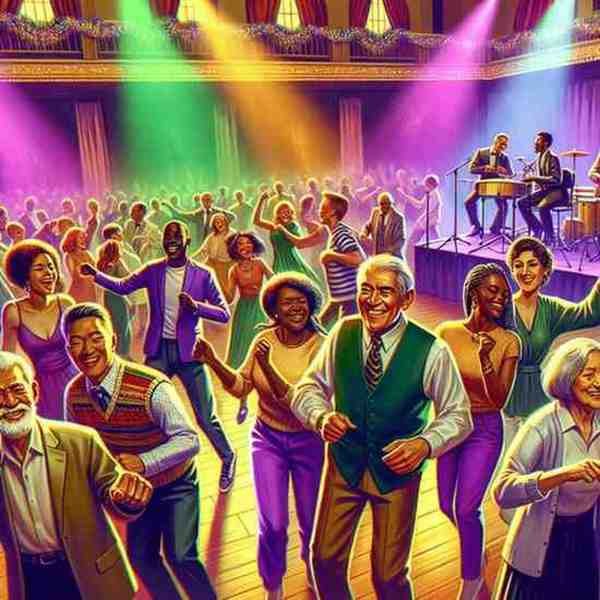 A lively multigenerational dance party with colorful lights and joyful people on the dance floor.