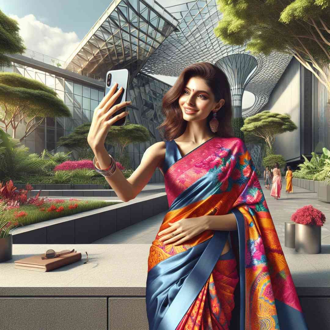 Woman taking a selfie in a colorful saree at a modern architectural location