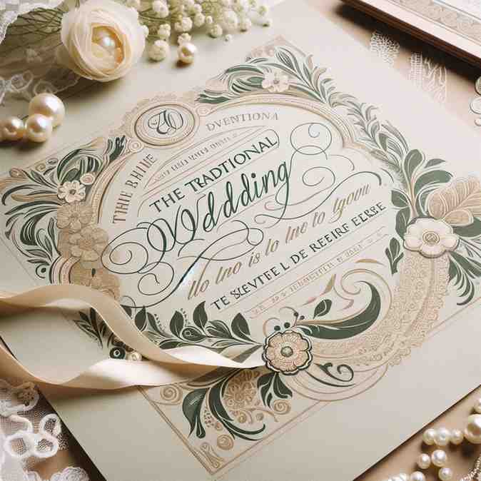 Vintage floral wedding invitation with elegant script and ribbon.