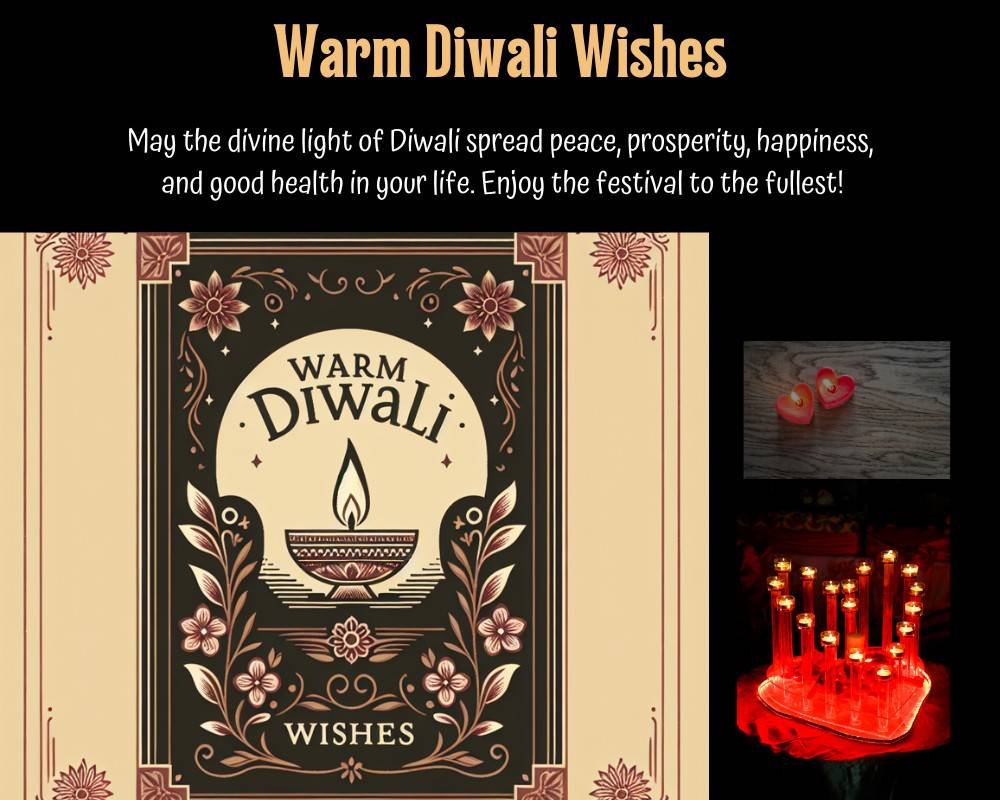 Warm Diwali greeting card with diya and festive decorations.