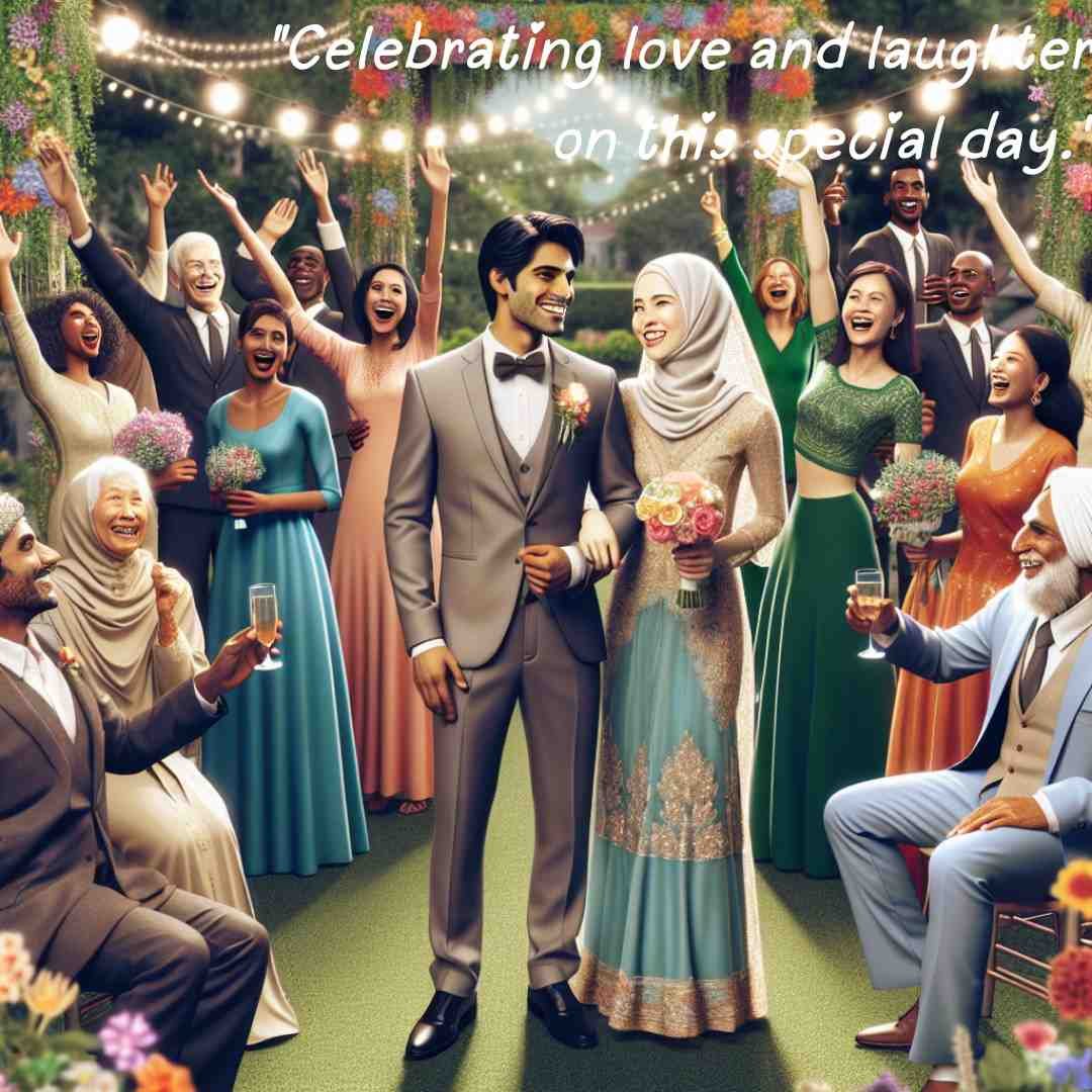 Couple surrounded by family and friends in a flower-decorated garden, celebrating with love and laughter.