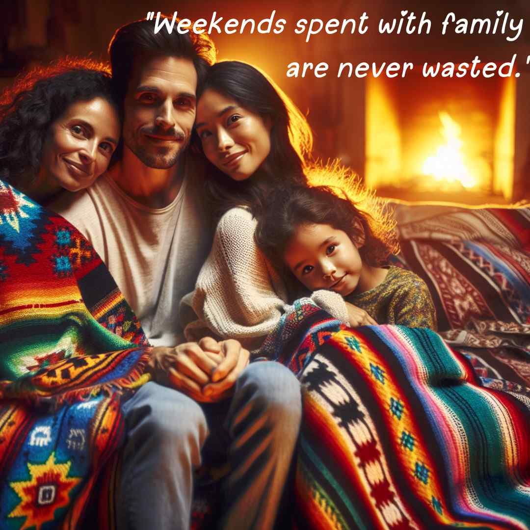 Close-up of a family wrapped in colorful blankets by a fireplace, emphasizing the warmth and comfort of being together.