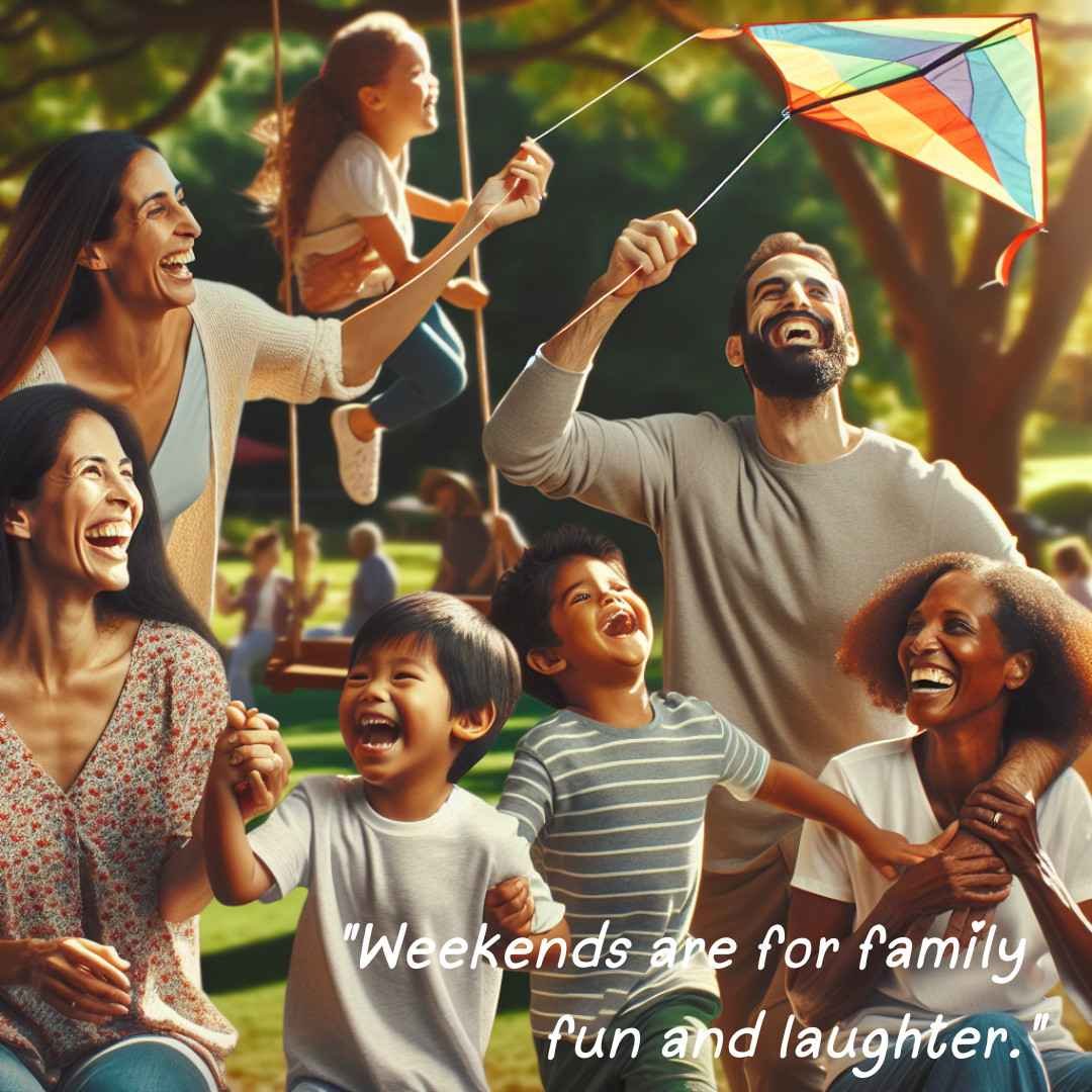 Family flying a kite and laughing together at the park