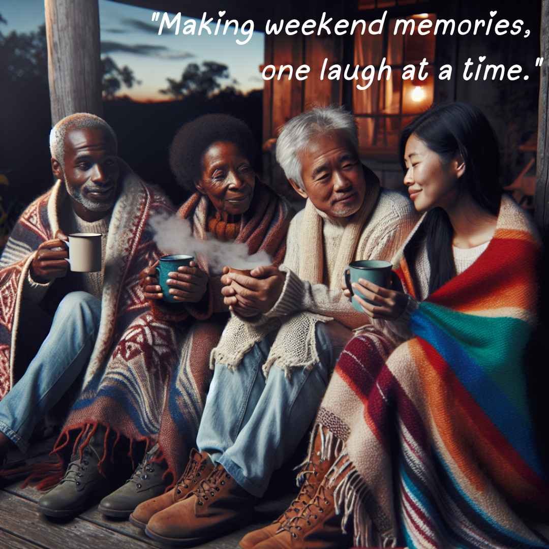 Four family members sitting on a porch wrapped in blankets, laughing and enjoying warm drinks