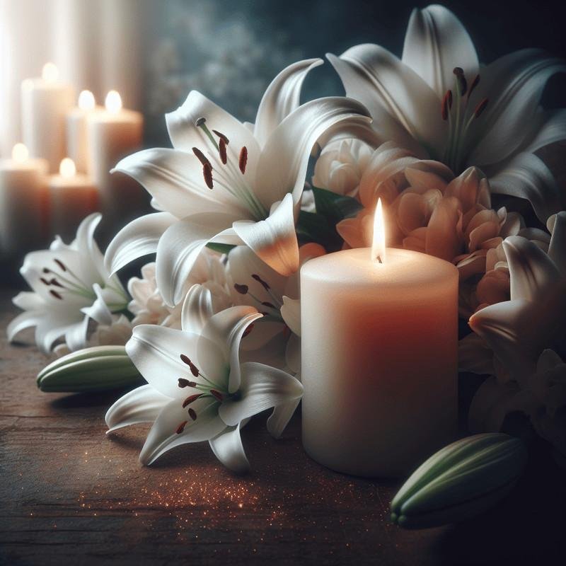 White lilies and glowing memorial candles arranged for a peaceful tribute.