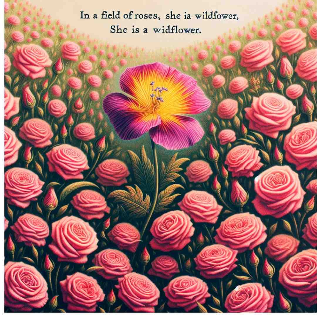 Single wildflower standing out in a field of roses.