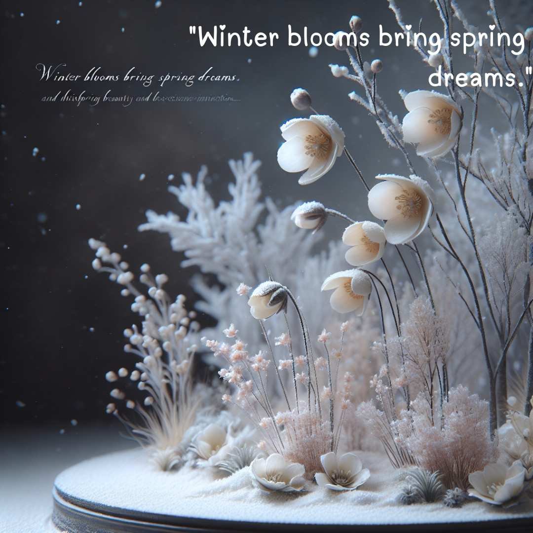 Winter flowers dusted with snow, intending to symbolize hope and anticipation.