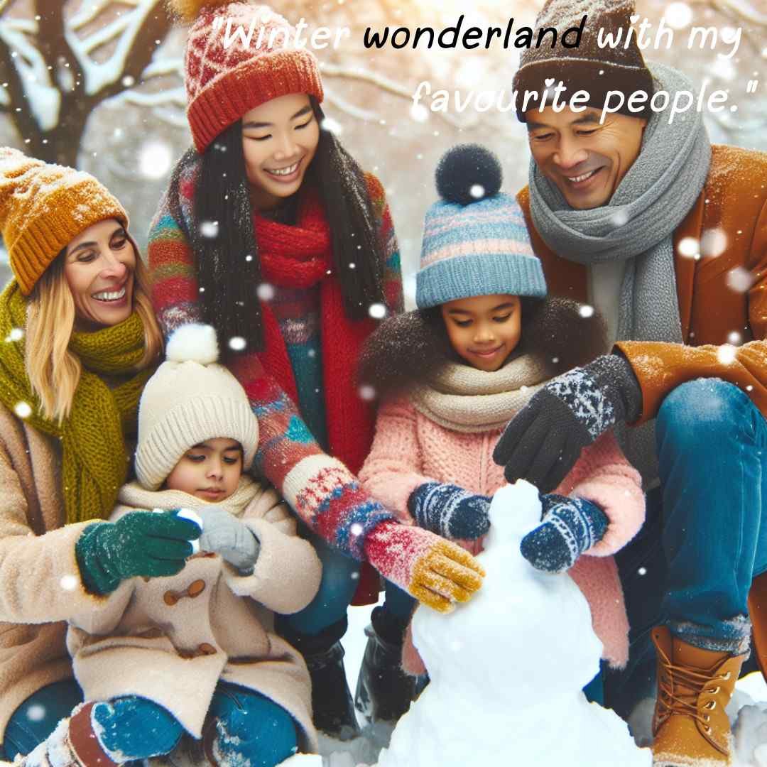 Caption for family photo: Family playing in a snowy park, building a snowman, and having a snowball fight, illustrating a winter wonderland with favorite people.