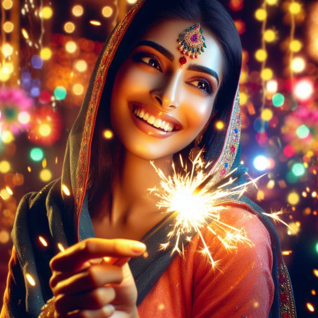 Smiling woman in traditional attire holding a sparkler during Diwali.