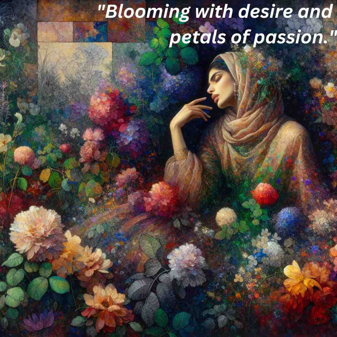 Woman surrounded by vibrant flowers, exuding desire and passion.