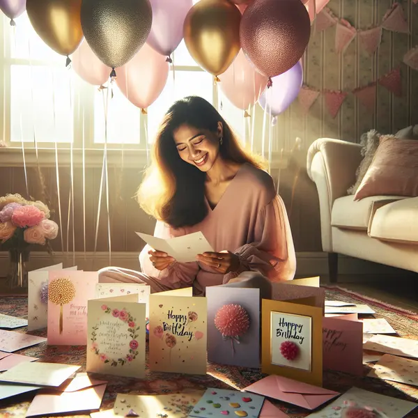 Woman smiling while reading birthday cards surrounded by balloons and decorations