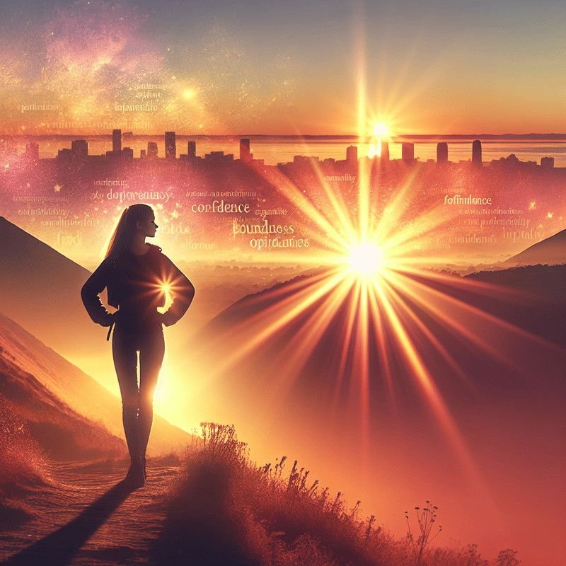 Silhouette of a confident woman standing at sunrise overlooking a glowing city skyline.