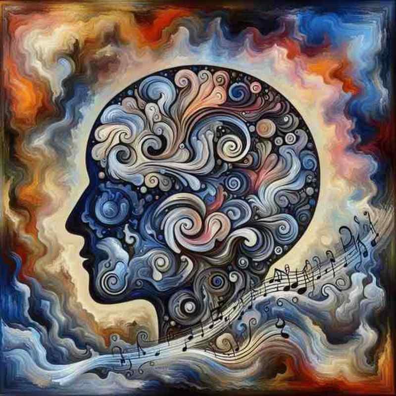 Abstract artistic silhouette of a human head filled with swirling patterns and music notes.
