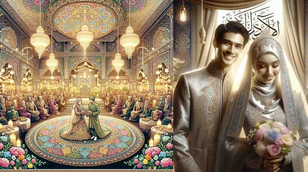 "A traditional Islamic wedding ceremony featuring Islamic marriage wishes, with a bride and groom in elegant attire, surrounded by intricate patterns and floral decorations, conveying joy and cultural richness.