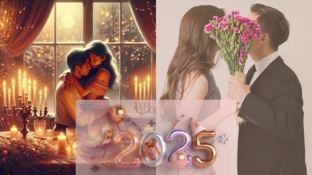 Romantic New Year celebration scene with a couple symbolizing heartfelt New Year wishes for girlfriend.