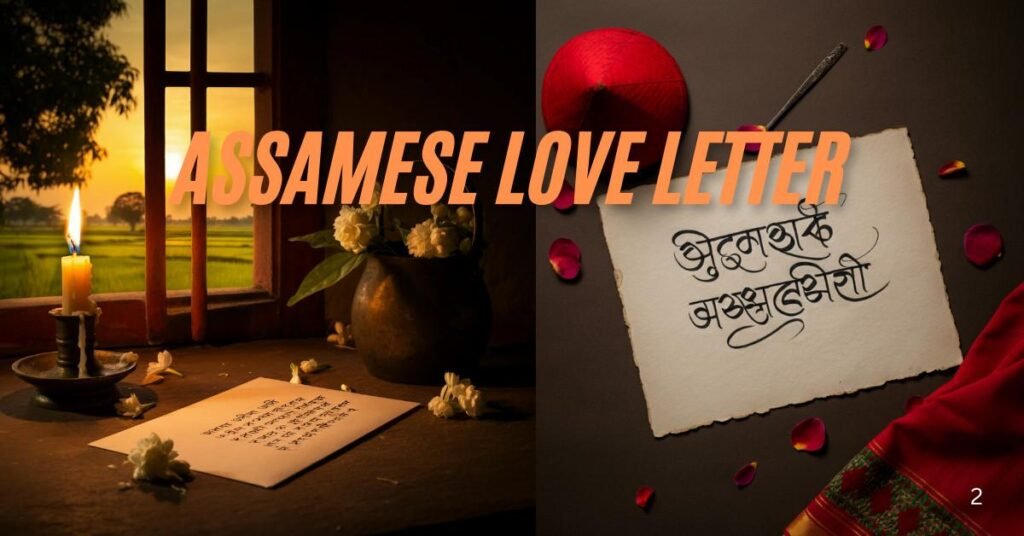 An Assamese love letter elegantly written in Assamese script on textured paper, surrounded by traditional motifs like a Jaapi and Gamosa, with a warm, inviting color scheme that evokes romance and cultural richness.