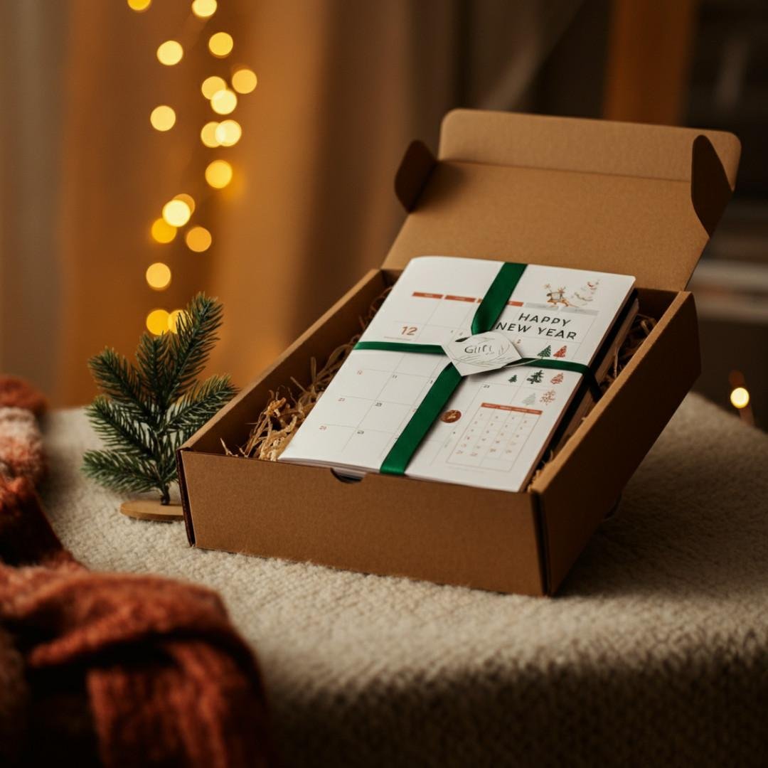 A beautifully wrapped gift box with a planner labeled “Advance Happy New Year,” adorned with a festive ribbon, set in a cozy room with warm decorations.