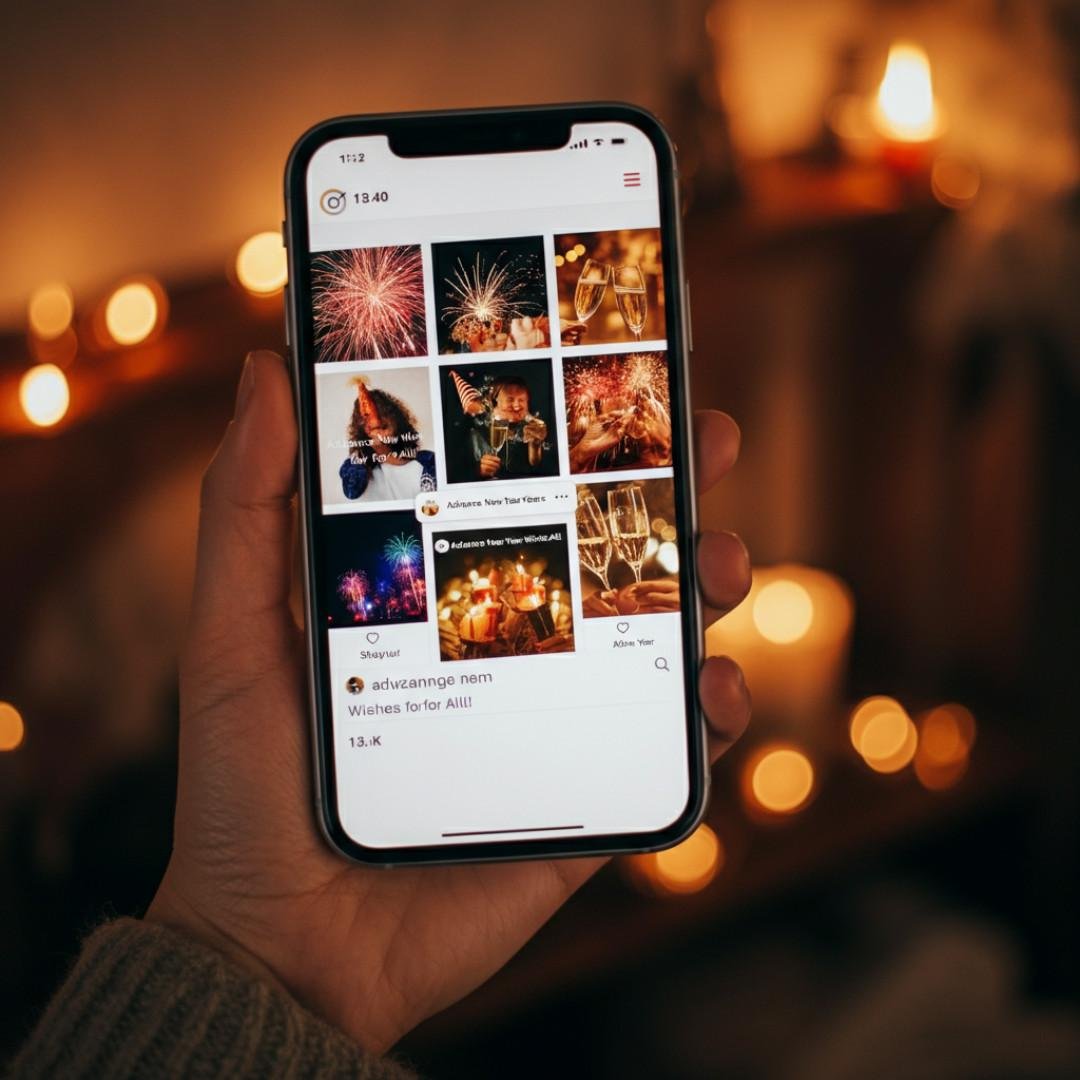 A smartphone screen displaying colorful Instagram posts with festive captions like "Advance Happy New Year Wishes", surrounded by New Year vibes of fireworks and party decorations.