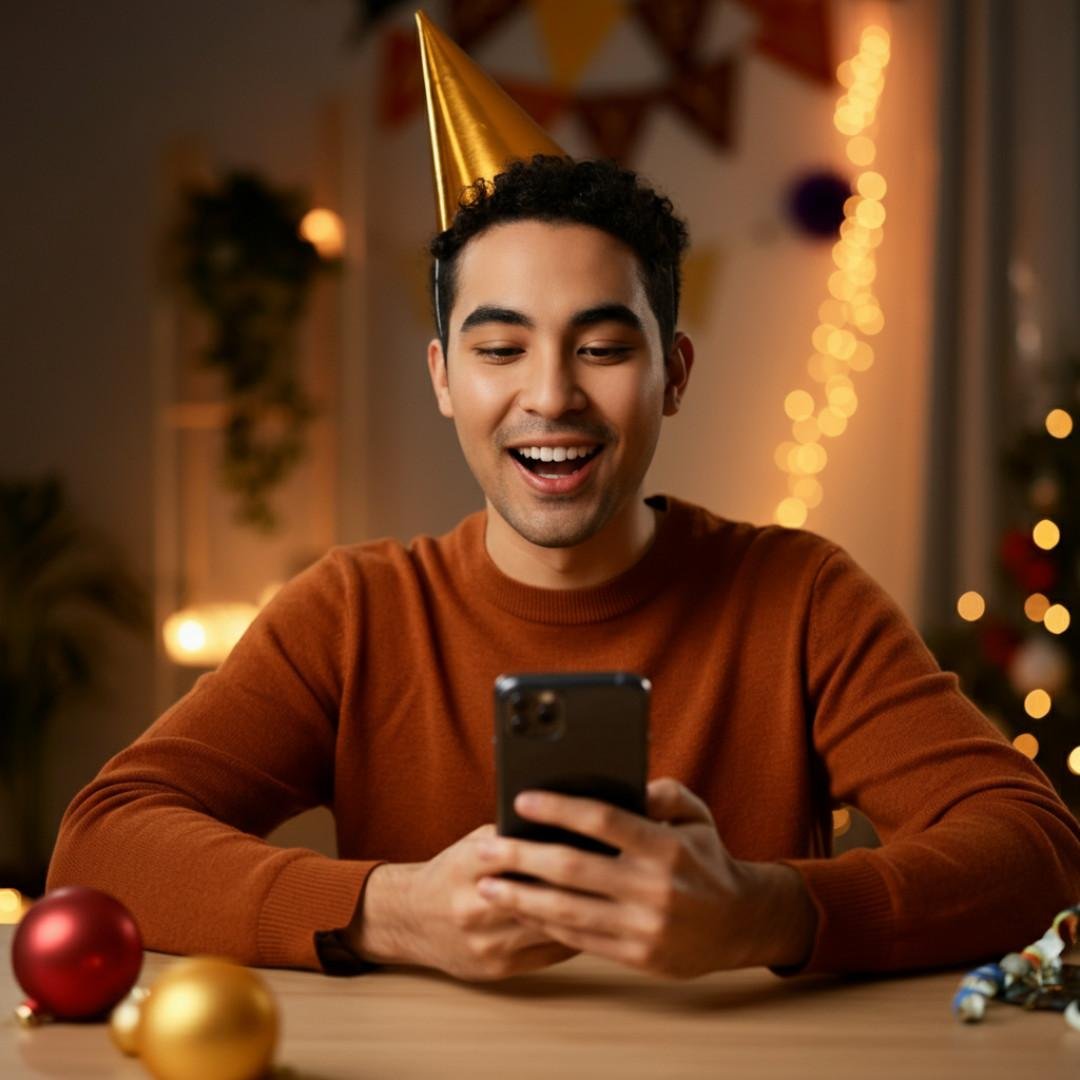 A person sitting at a festive desk with New Year decorations, recording a heartfelt voice or video message on their phone with the words “Advance Happy New Year” in focus.