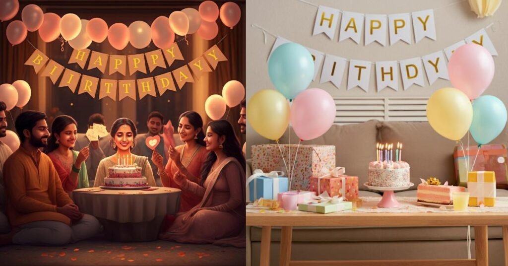 A joyful birthday celebration scene ideal for expressing happy birthday wishes for bhabhi, featuring colorful balloons, a beautifully decorated cake with candles, and a warm, cheerful atmosphere in a cozy living room.