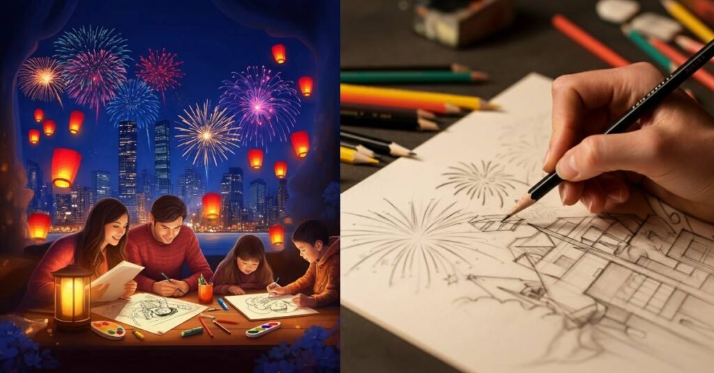 Close-up of a Happy New Year drawing in progress, featuring a hand sketching fireworks and a city skyline with drawing tools nearby.