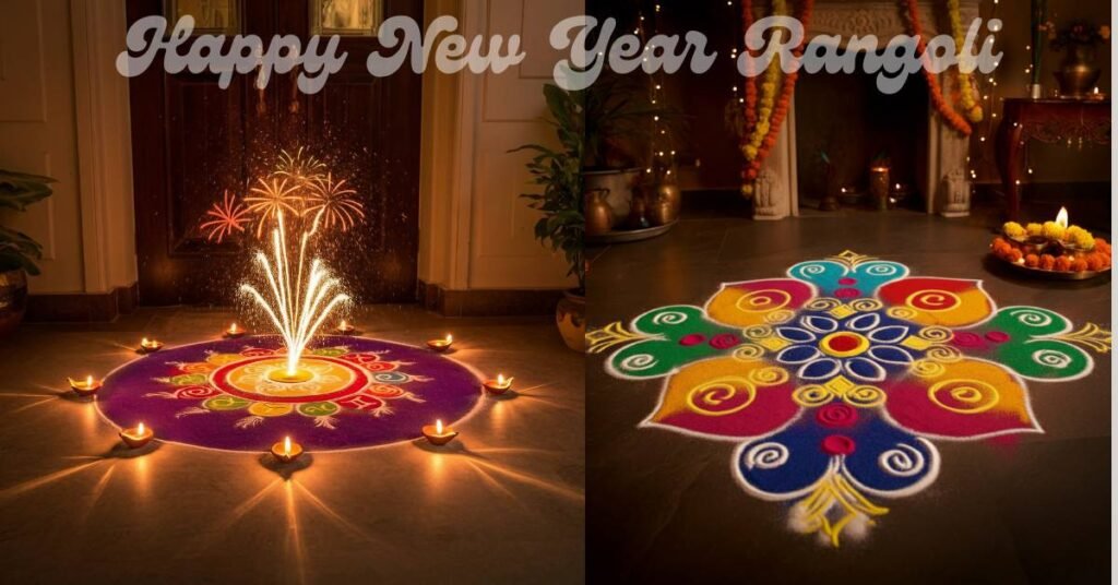 Happy New Year Rangoli with vibrant colors and intricate patterns celebrating 2025.