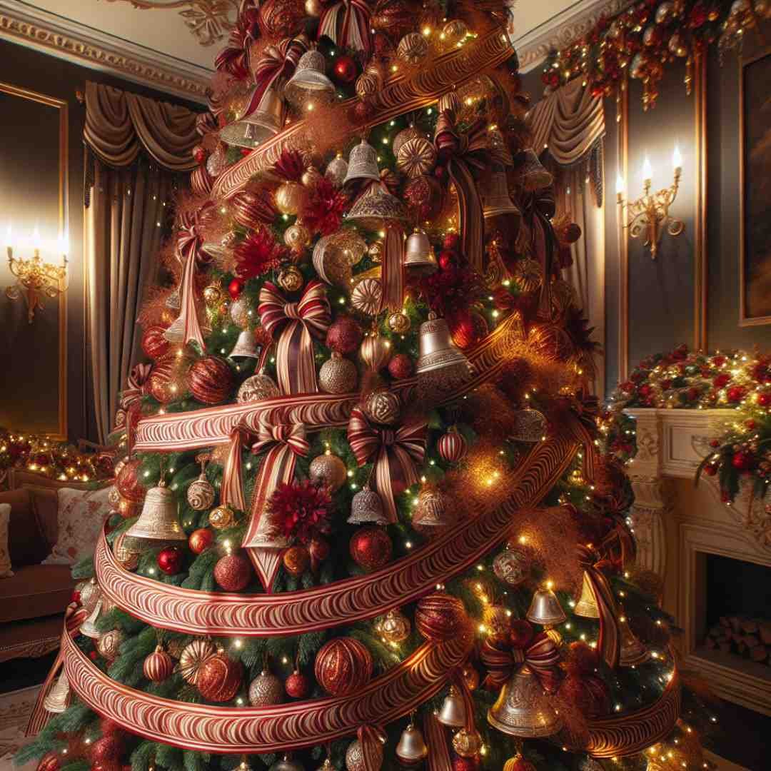 A Christmas tree adorned with a combination of bells and ribbons, featuring ribbon garlands spiraling around the lush green branches. The tree is decorated with shiny silver and gold bells, adding a festive sparkle. The ribbons are in red and gold, complementing the bells and enhancing the tree's festive and joyful atmosphere in a cozy living room setting.