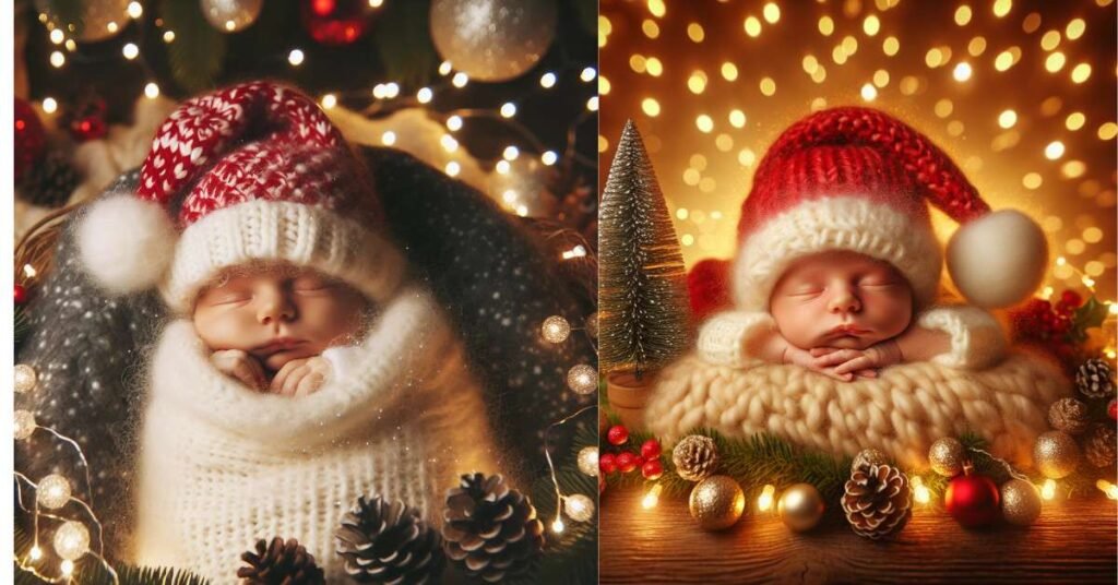 Christmas newborn photoshoot featuring a baby in a Santa hat surrounded by festive decorations.