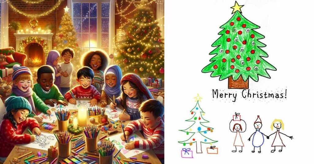 Children joyfully engaged in Christmas drawing for kids, surrounded by colorful art supplies.