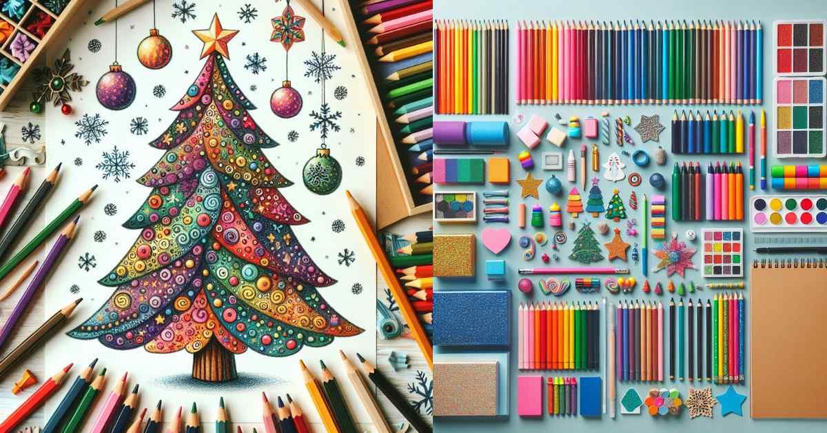 Christmas tree drawing for kids with essential art supplies.