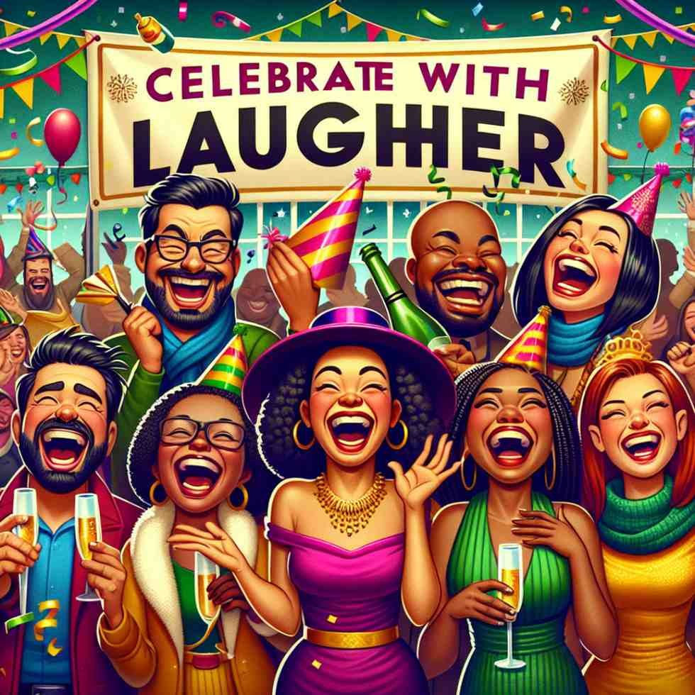 A humorous New Year celebration scene depicting people laughing and enjoying the party with colorful decorations, capturing the spirit of funny happy New Year wishes.