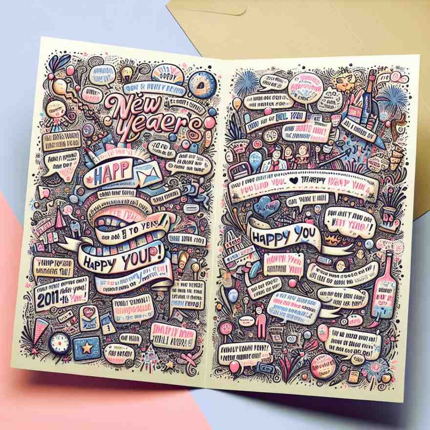 A whimsical New Year's card featuring funny messages and doodles, perfectly capturing the essence of funny happy New Year wishes.