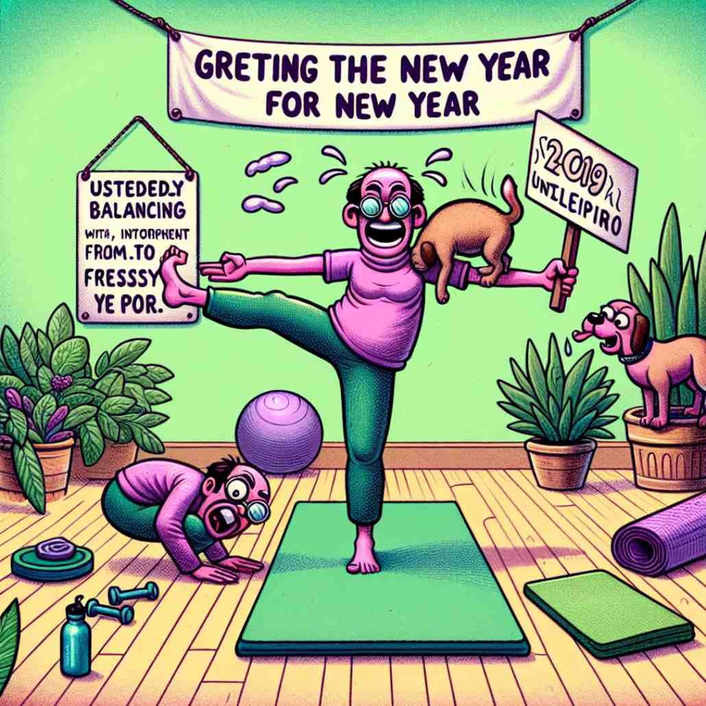 A funny illustration of a character humorously attempting yoga, embodying the spirit of funny happy New Year wishes.