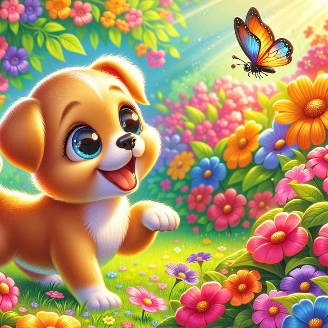 Playful puppy chasing a butterfly among colorful flowers in a garden.