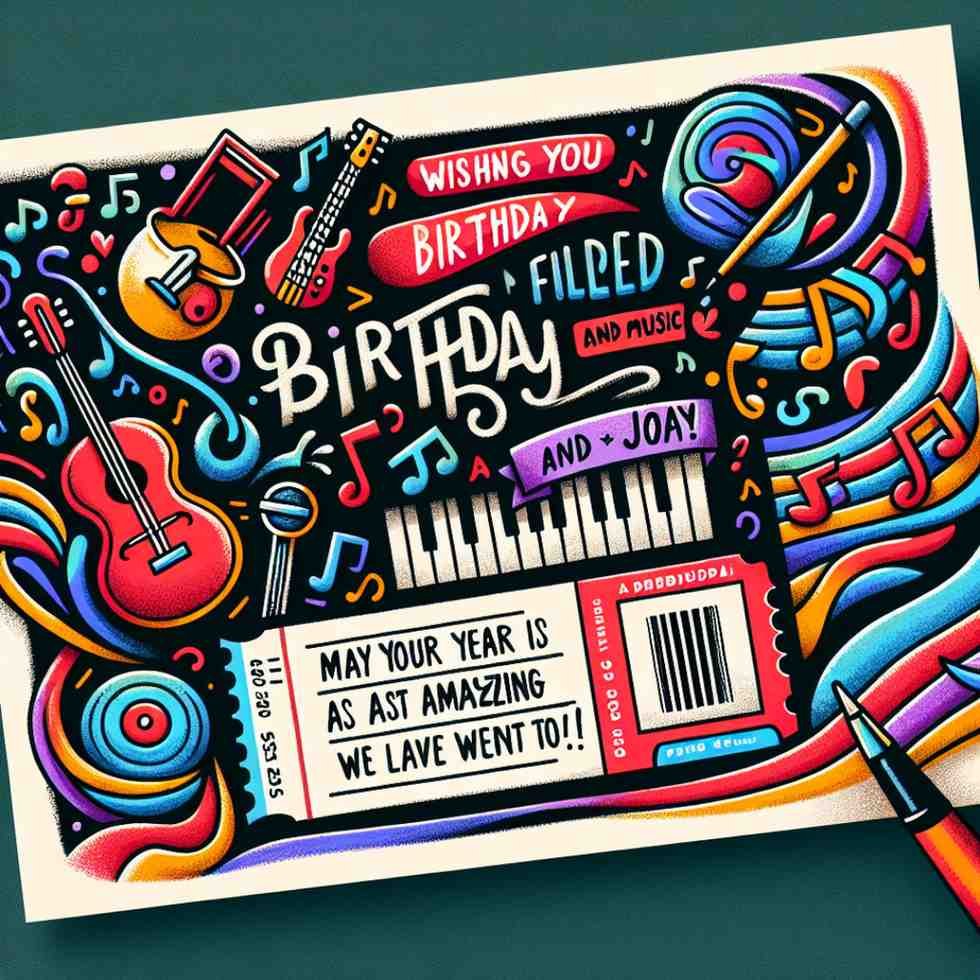 Colorful birthday card with musical notes and a concert ticket, symbolizing personalized birthday wishes for a crush.