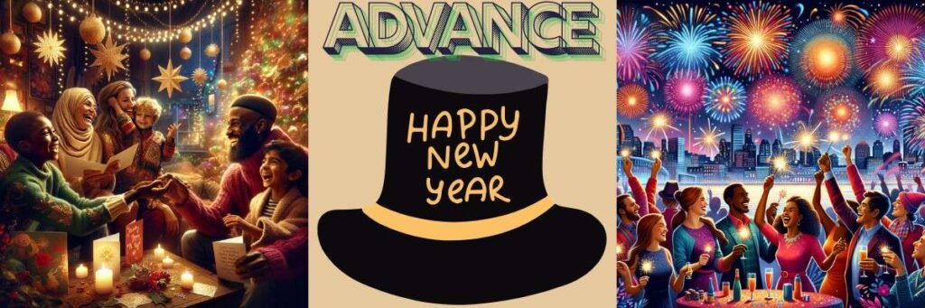 A festive black top hat with gold trim featuring the text “HAPPY NEW YEAR” and the word “ADVANCE” above it.