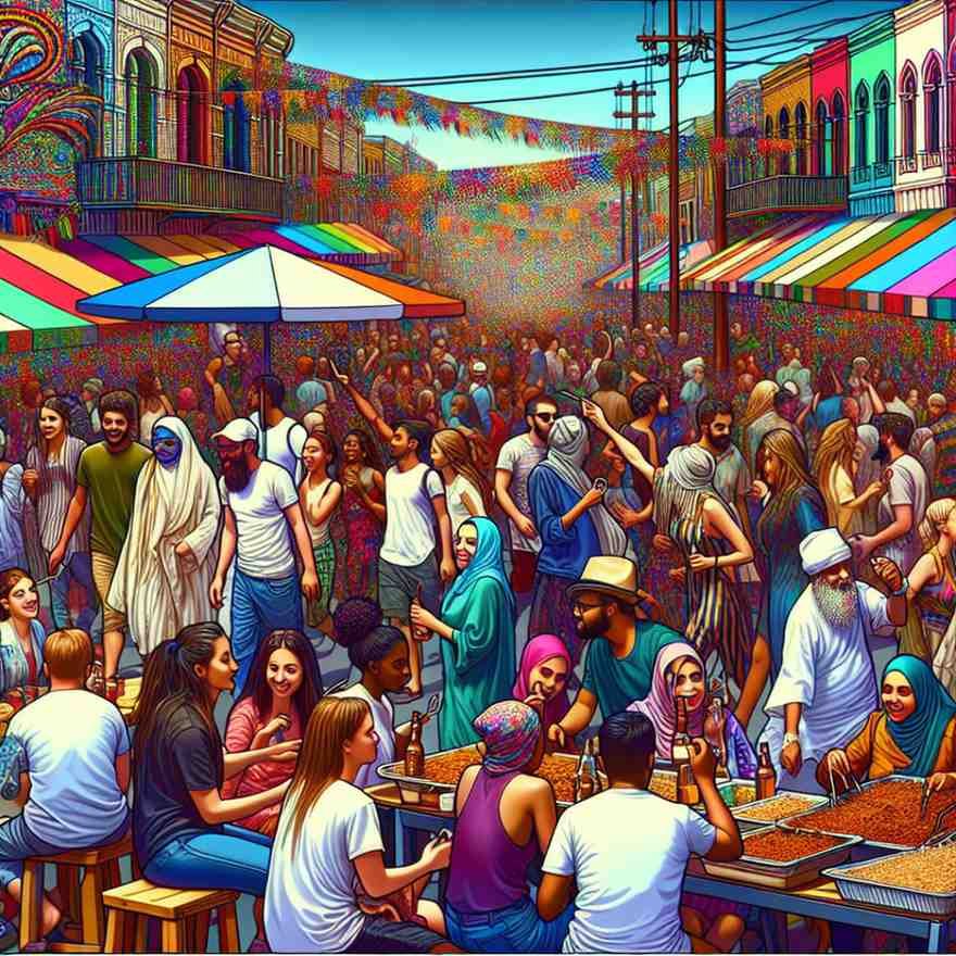 Diverse crowd enjoying food stalls and street performances at a colorful street festival.