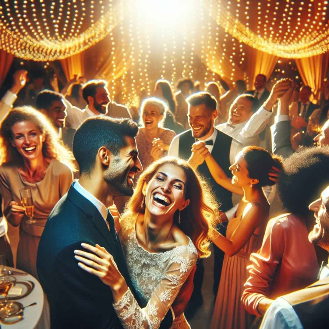 Woman smiling at a party, surrounded by dancing guests under golden lights