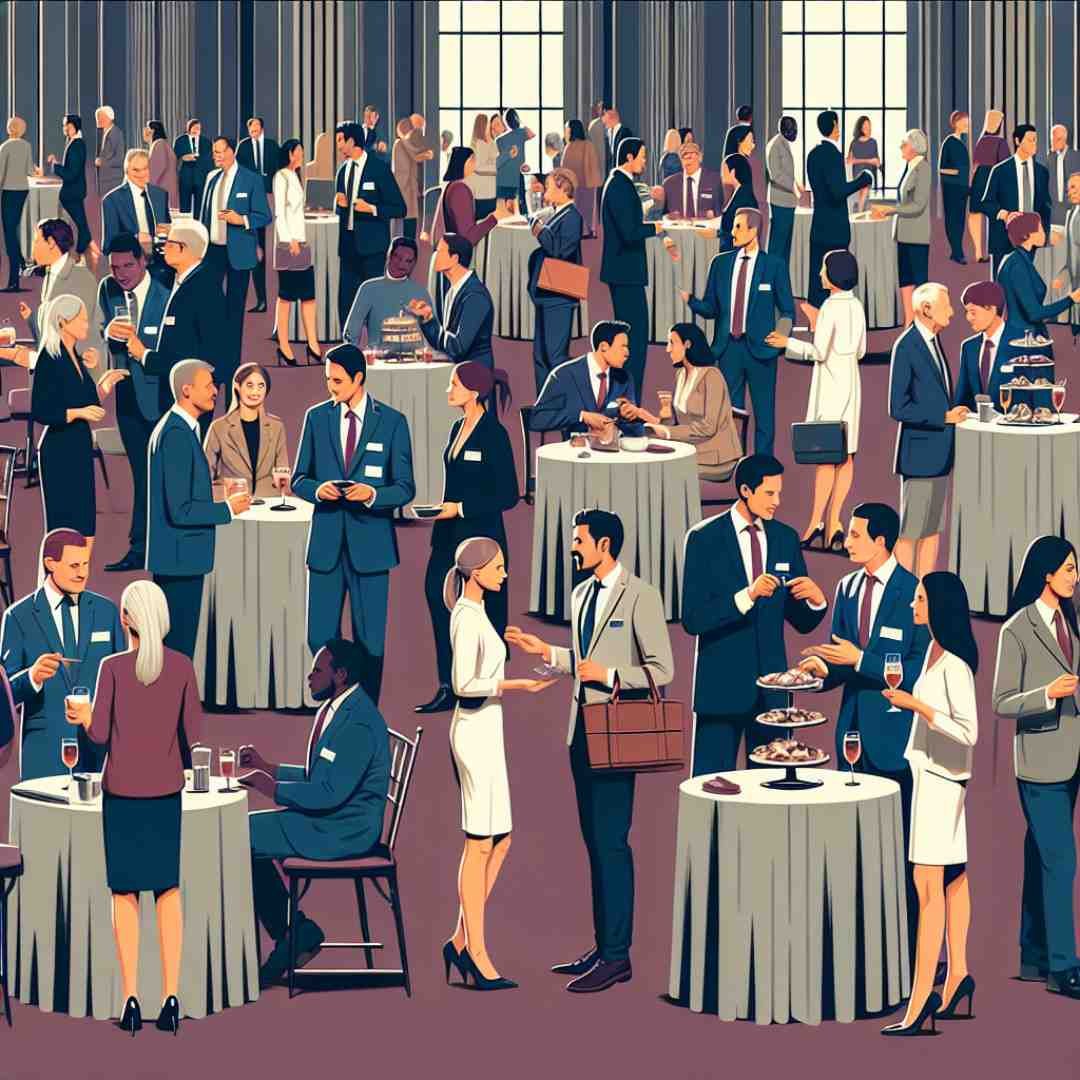 Professionals engaged in conversations and exchanging business cards at a corporate networking event.
