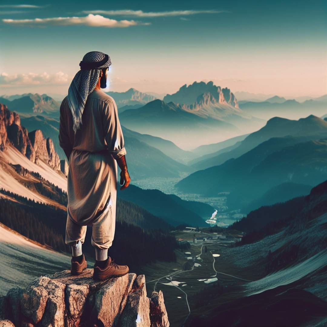 Traveler admiring a serene mountain landscape, capturing the essence of candid travel photos.
