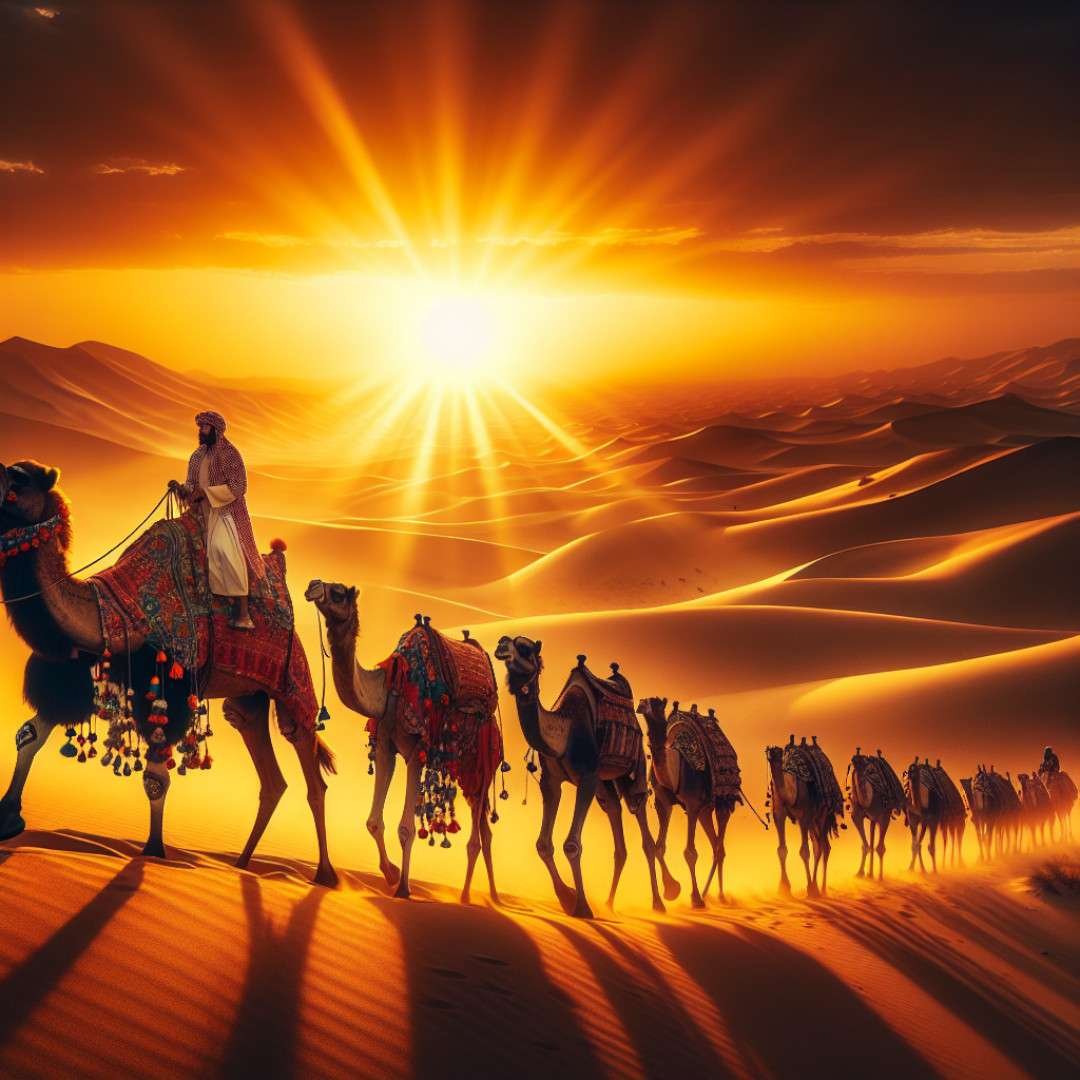 Camel caravan in the desert at sunset, perfect for Arabic Instagram captions.