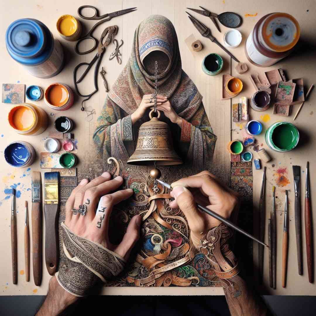 Artist painting a Christmas bell surrounded by paint and craft supplies.