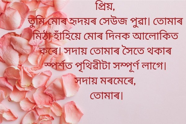 Assamese love letter with rose petals and pink background