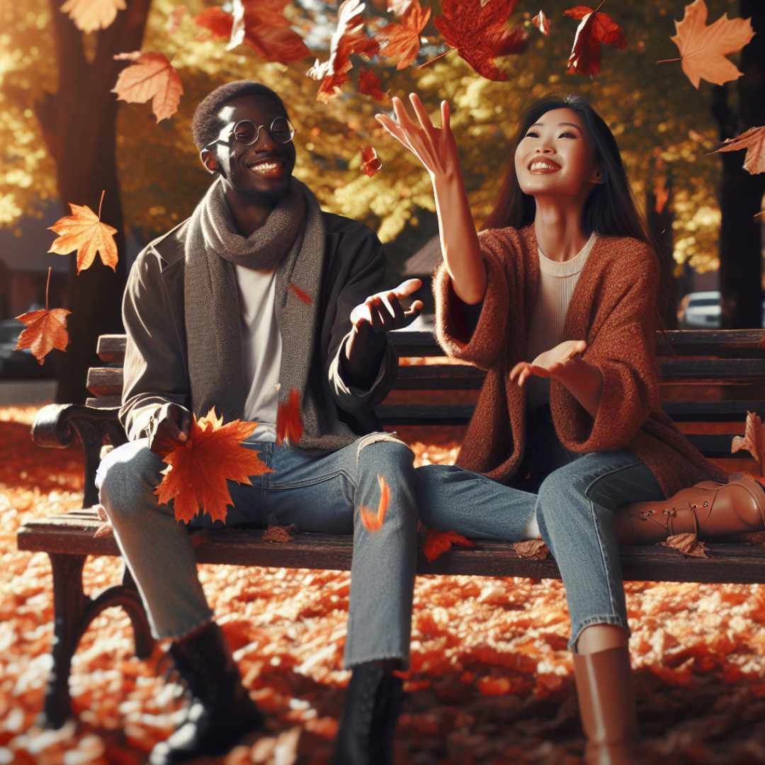 Couple playfully interacting with autumn leaves in a park, capturing the essence of candid couple photos.