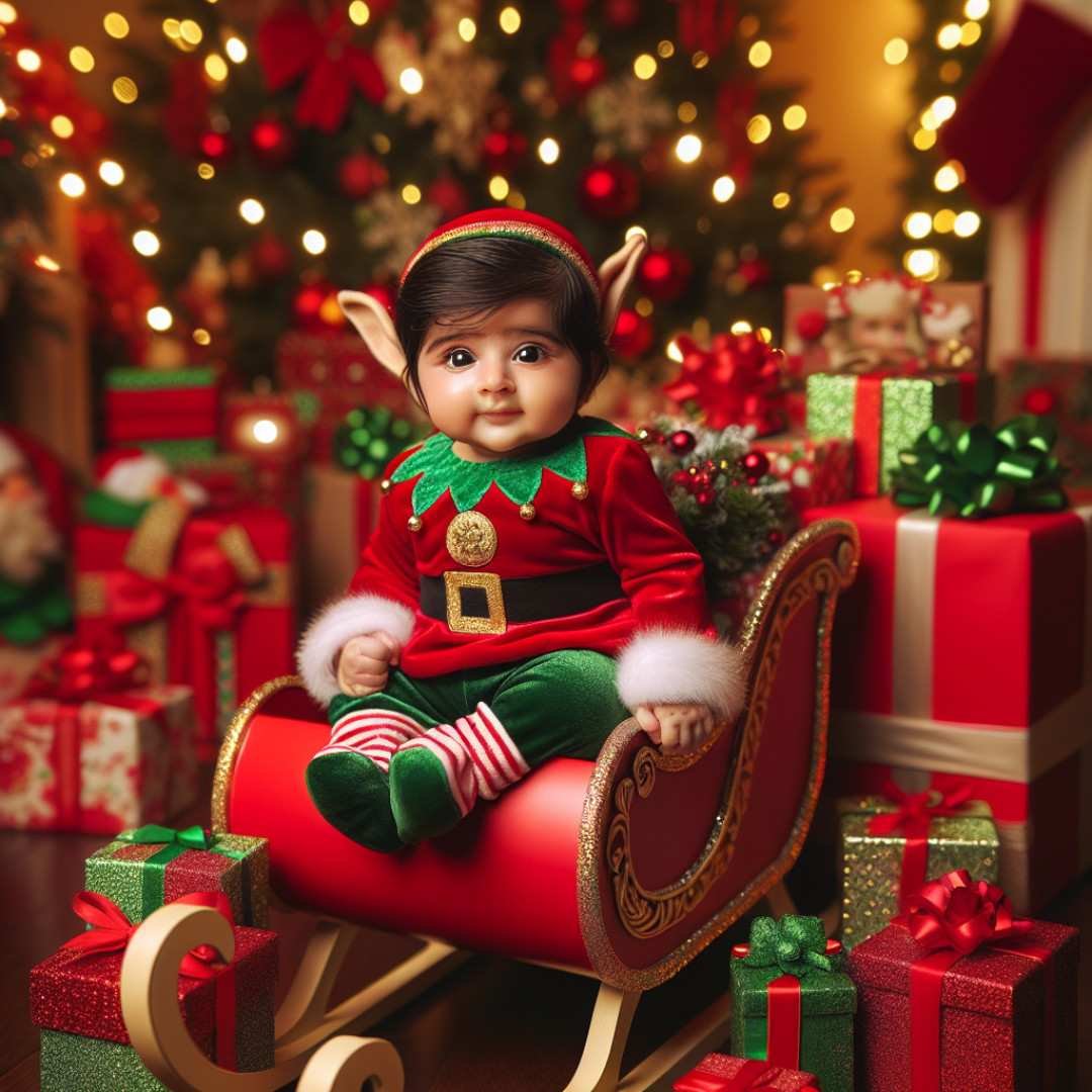 Festive christmas newborn photoshoot featuring a baby in a Santa hat and elf costume.