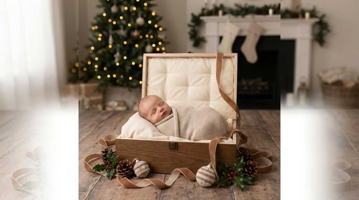 Baby in gift box Christmas newborn photoshoot