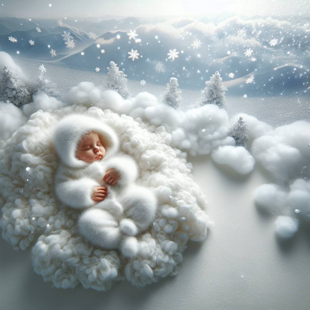 Winter Wonderland christmas newborn photoshoot with a baby amid silver tinsel and snowflakes.