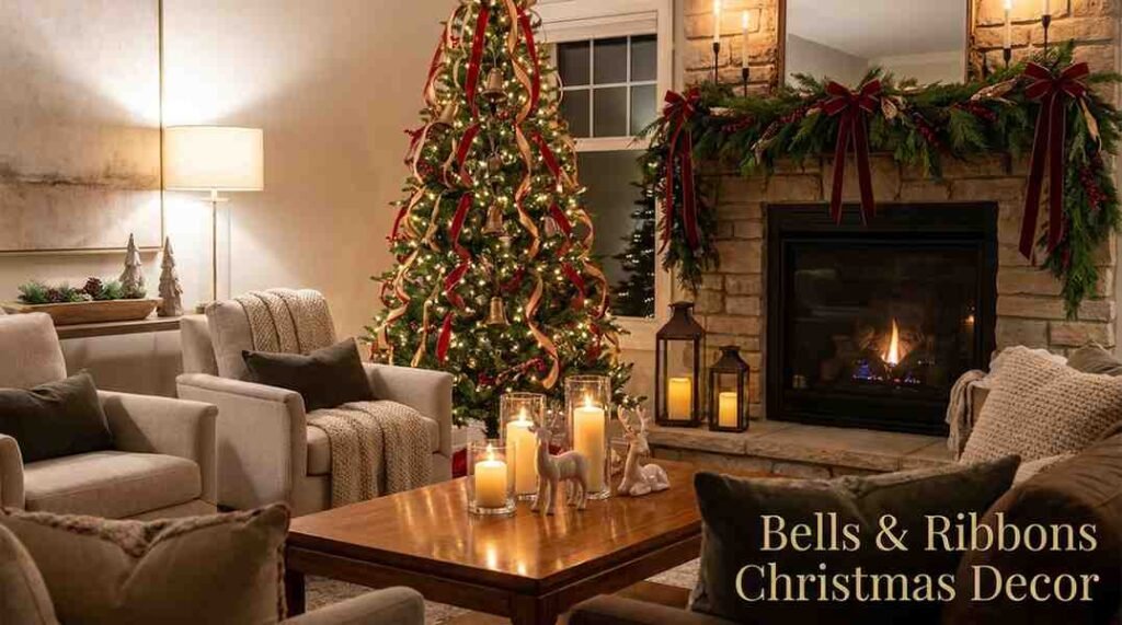Elegant bells and ribbons Christmas decor in a cozy holiday living room